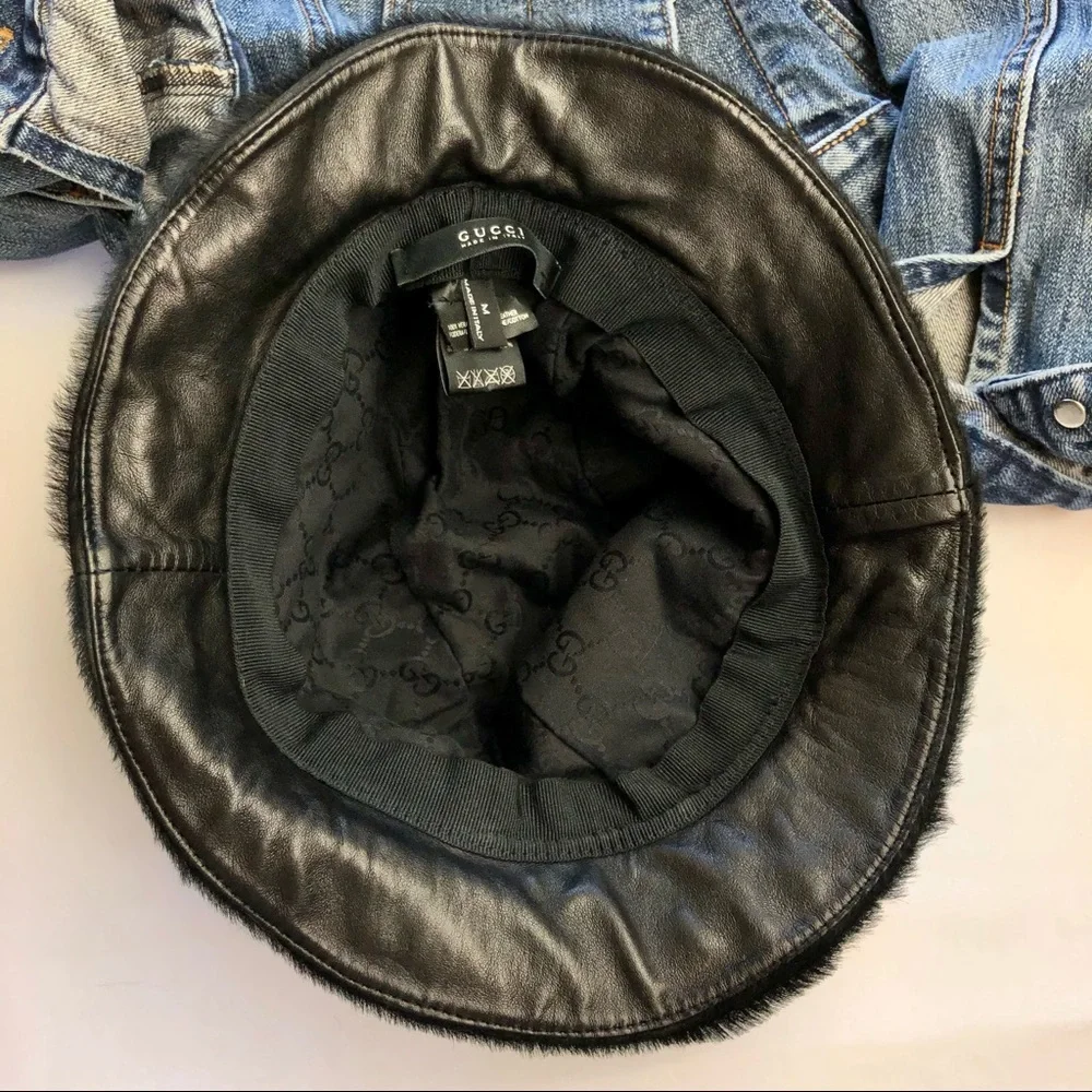 GUCCI Black Leather Fur Bucket GG Logo Hat M - Picture 6 of 16
